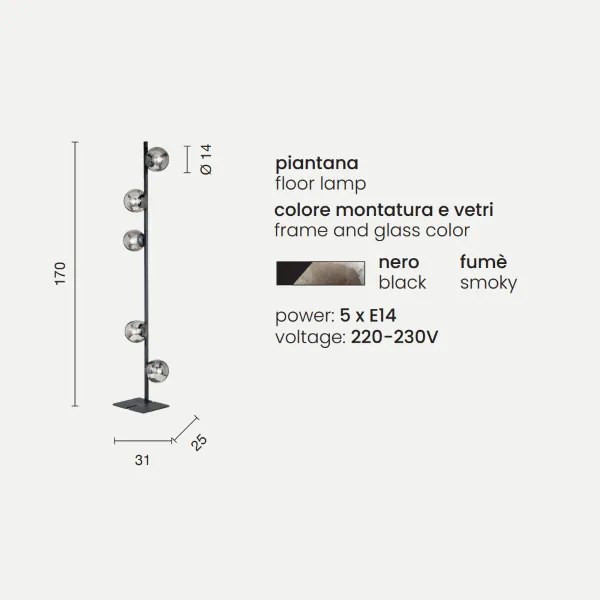Piantana in metallo Nero con 5 diffusori in vetro Fumč MONILE H170 cm