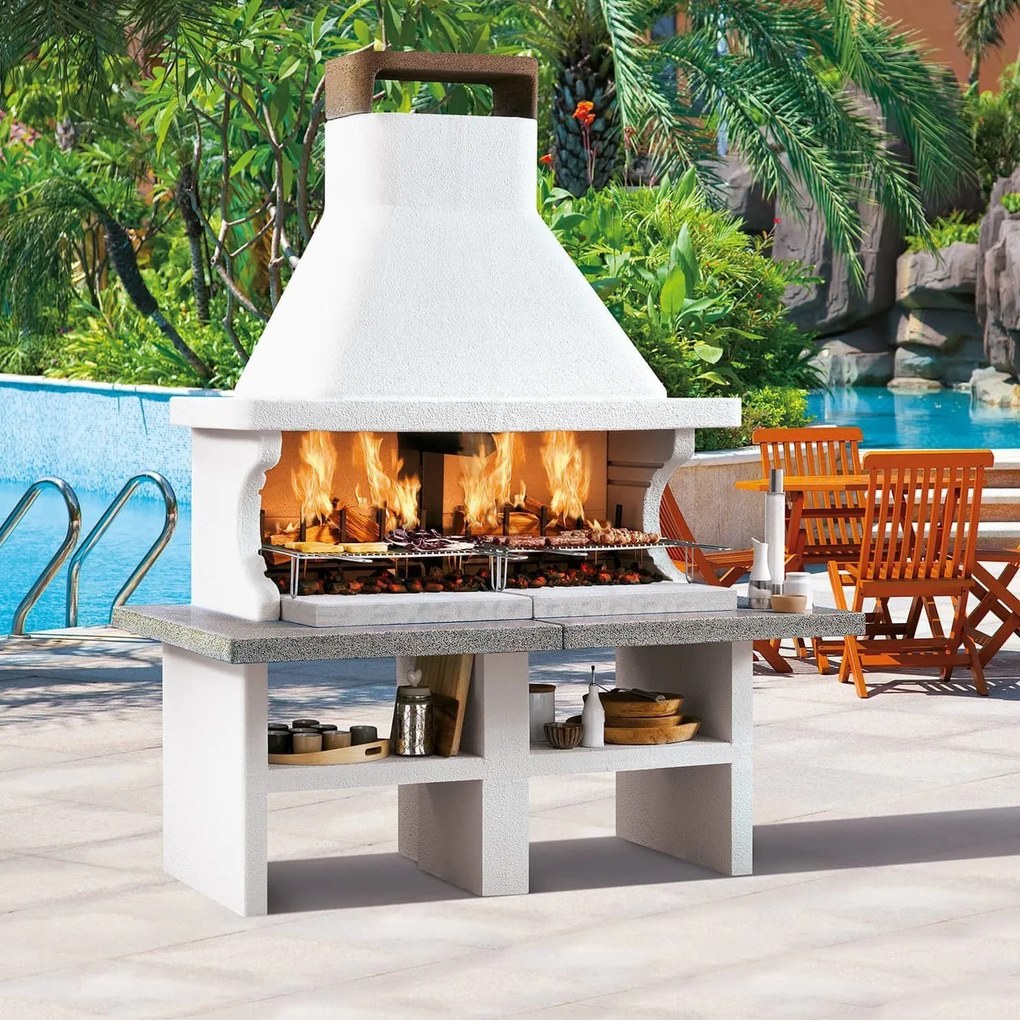 Palazzetti Patmos barbecue a legna con due aree grill e piano in marmotech effetto granito grigio