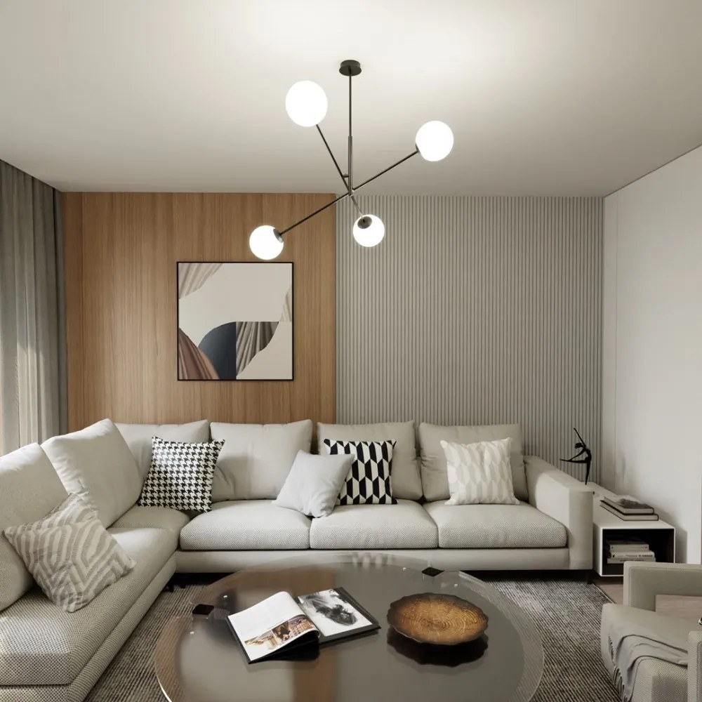 Lampadario a Sospensione in Acciaio e Vetro LINEAR 4 Nero 4xE14 Colore delle Sfere Bianco