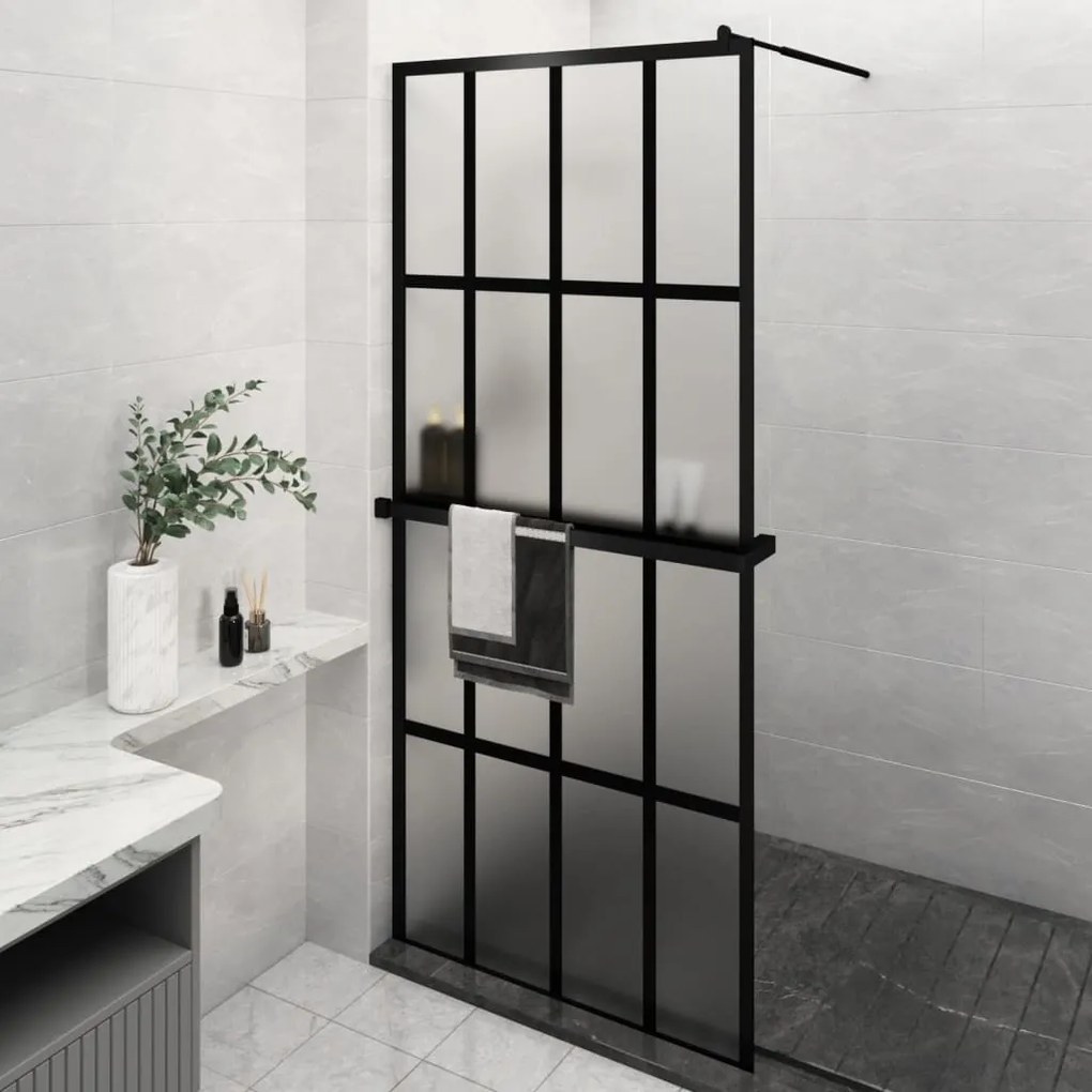 Parete Doccia Con Mensola Nera 100x195 Cm Vetro Esg E Alluminio /