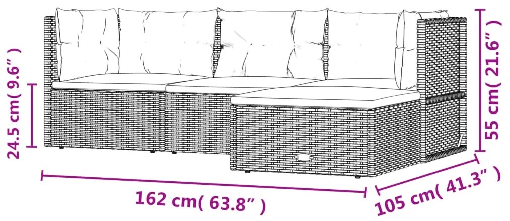 Set Divani da Giardino 4 pz con Cuscini Nero in Polyrattan