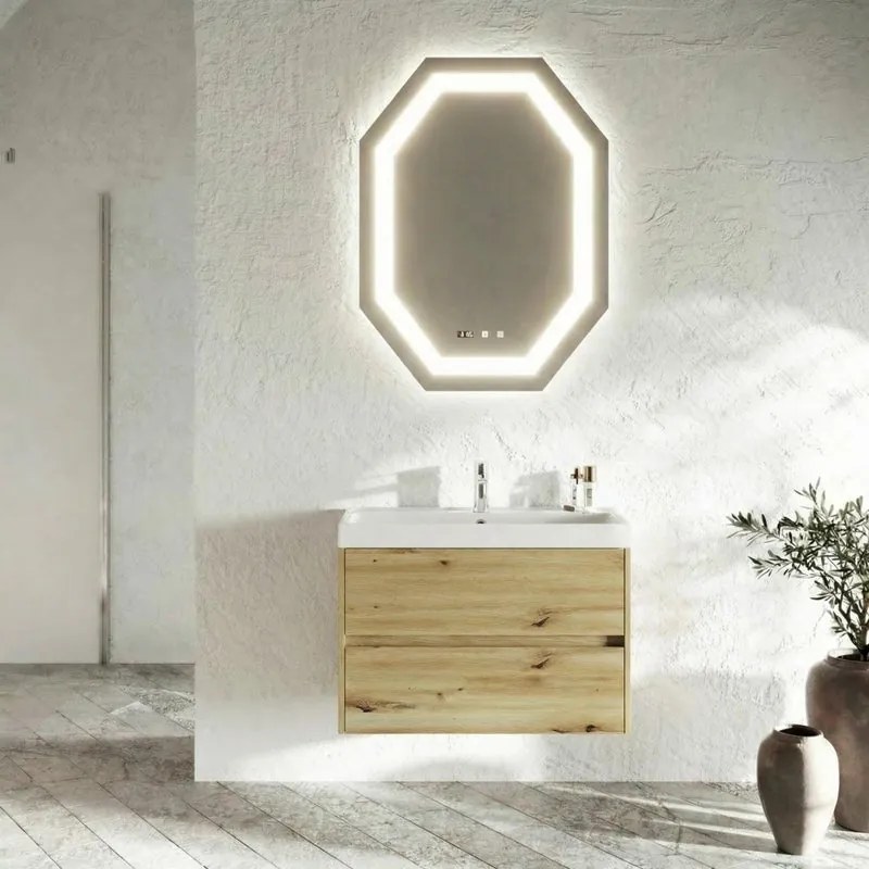 Base sospesa Portofino 80 cm con lavabo e 2 cassetti, rovere oro