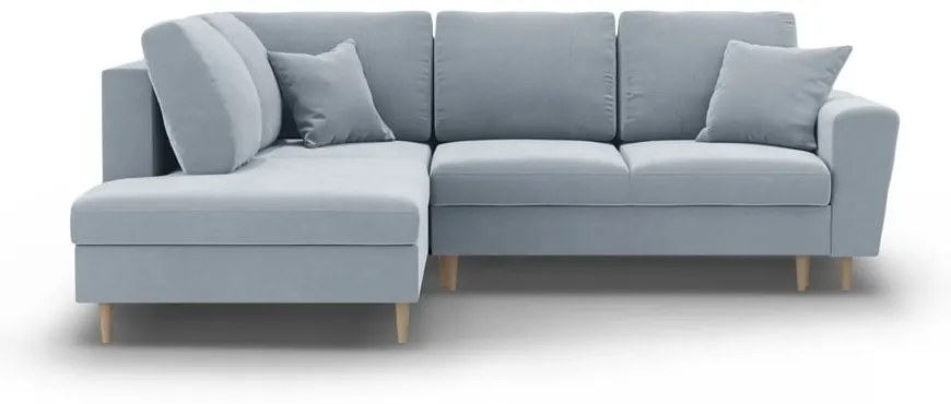 Divano angolare azzurro allungabile e con contenitore (con penisola a sinistra/a L) con rivestimento in velluto Kyoto – Cosmopolitan Design