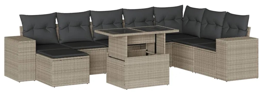 Set divano da giardino 9pz con cuscini grigio chiaro polyrattan