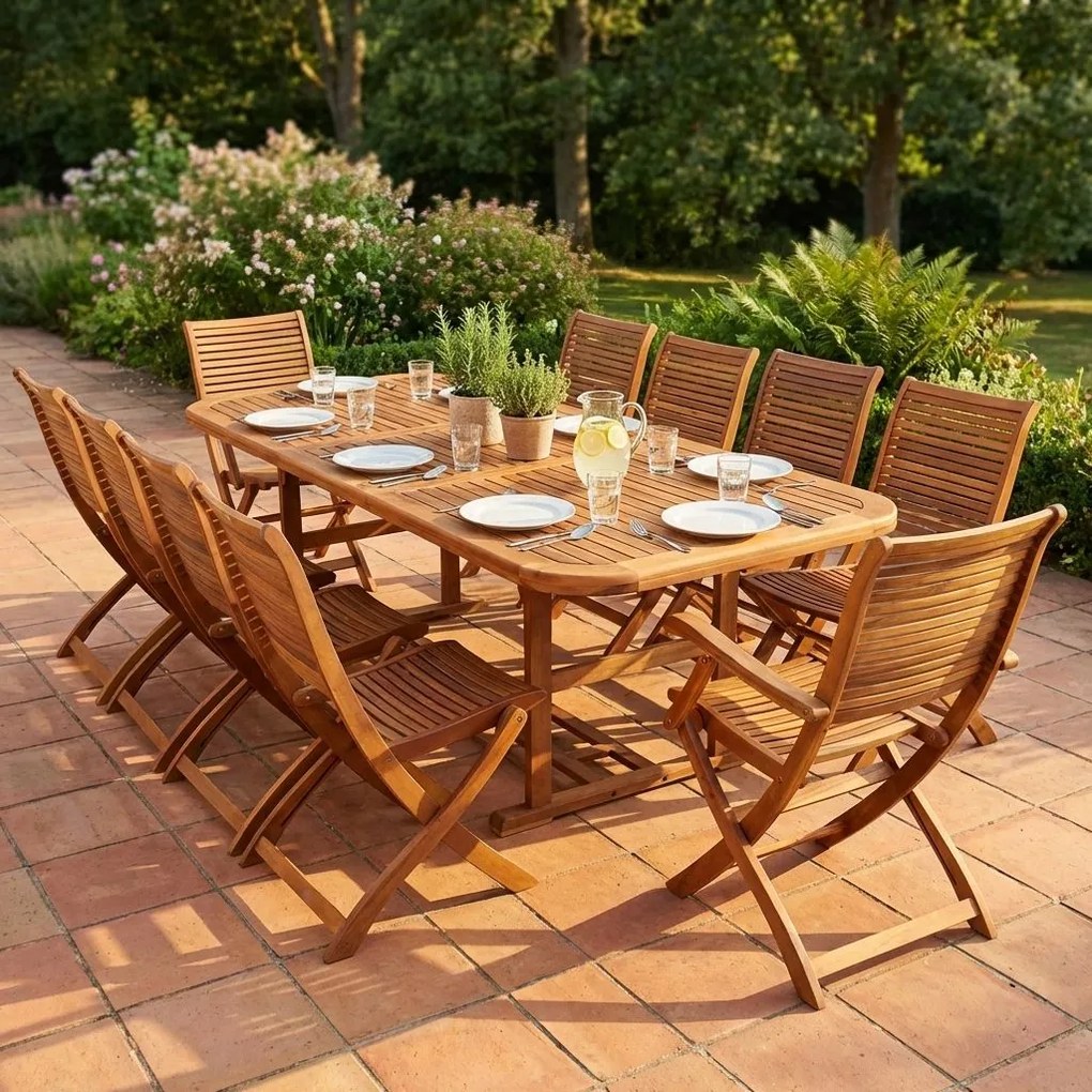 TURRIS - set tavolo in legno massiccio di acacia cm 180/240 x 100 x 74 h con 8 sedie e 2 poltrone Mulier