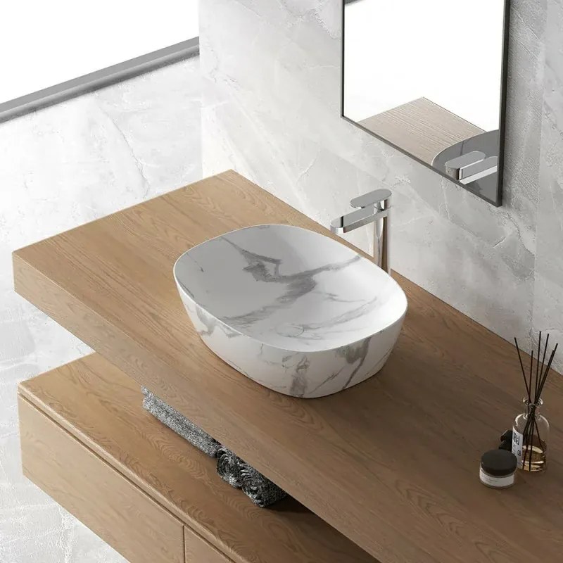 Lavabo da appoggio ovale 50x38 cm effetto marmo bianco Tokyo