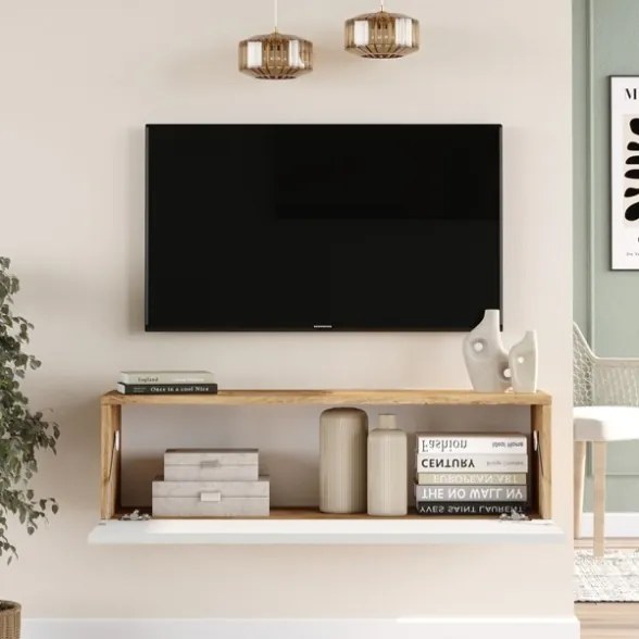 Mobile TV Sospeso 100x32x30 Bianco E Rovere Effetto Legno Con Vano Frame