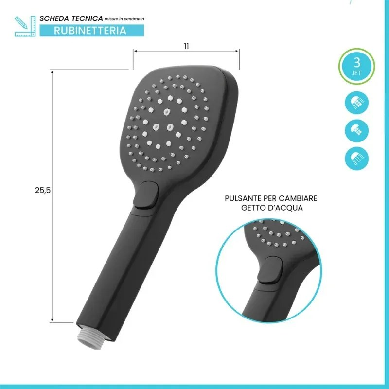 Doccino arrotondato 26 cm con tre tipi di getto nero opaco in ABS Hidra