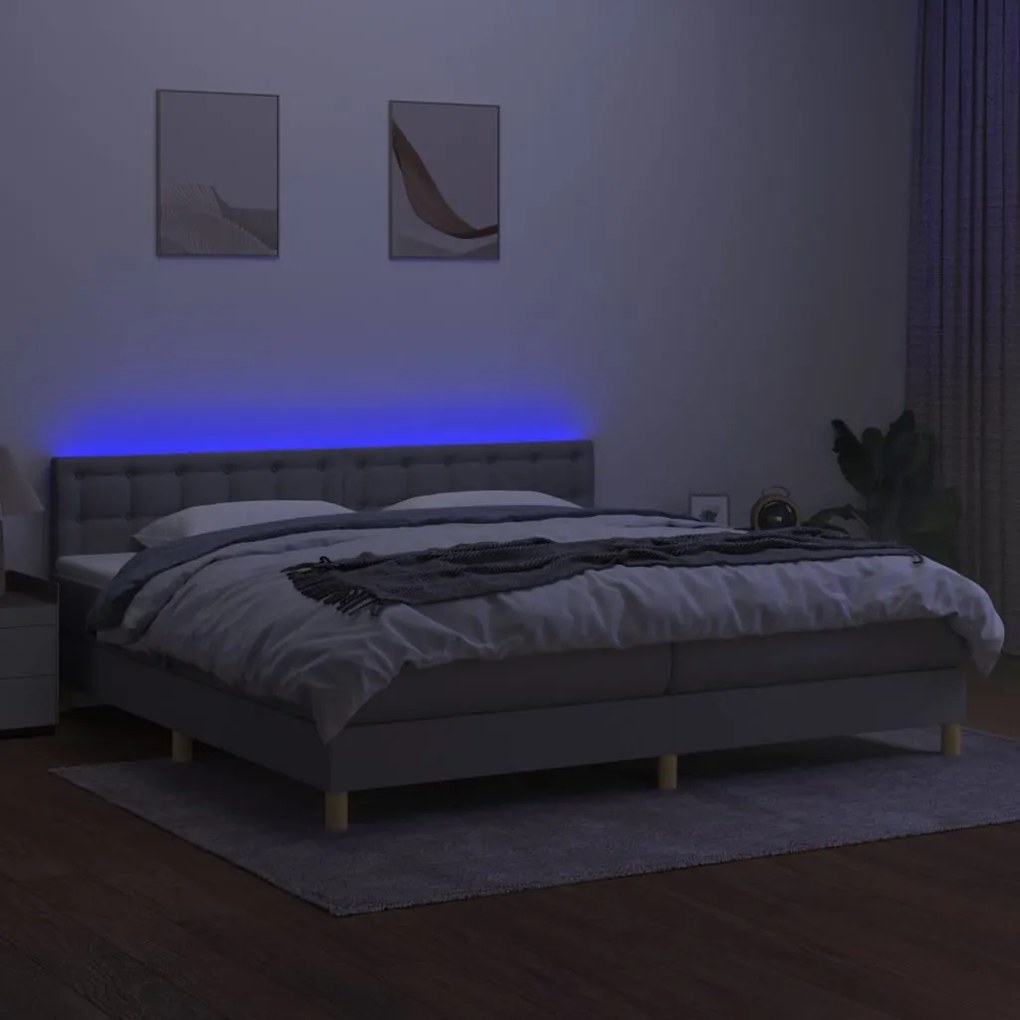 Letto a molle materasso e led grigio chiaro 200x200 cm tessuto