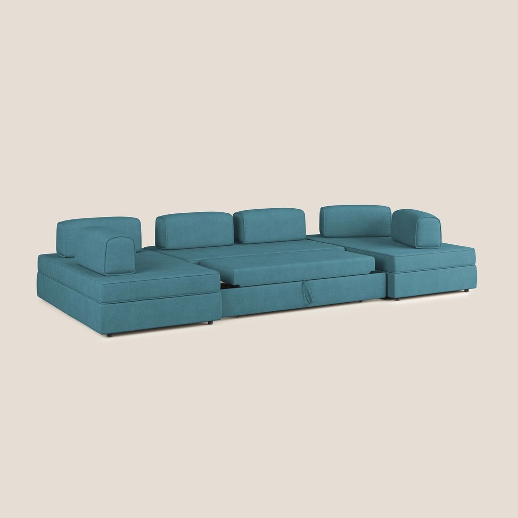 Liberty divano panoramico con pouf estraibile e schienali movibili in tessuto morbido impermeabile T02 azzurro