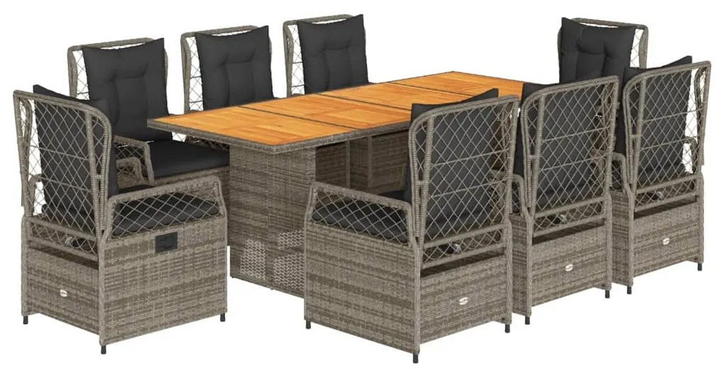 Set da pranzo da giardino 9 pz con cuscini in polyrattan grigio