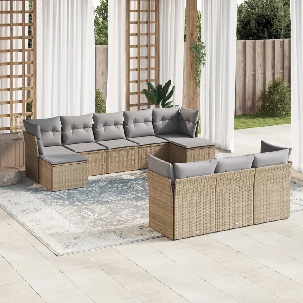 Set divano da giardino 10 pz con cuscini beige in polyrattan