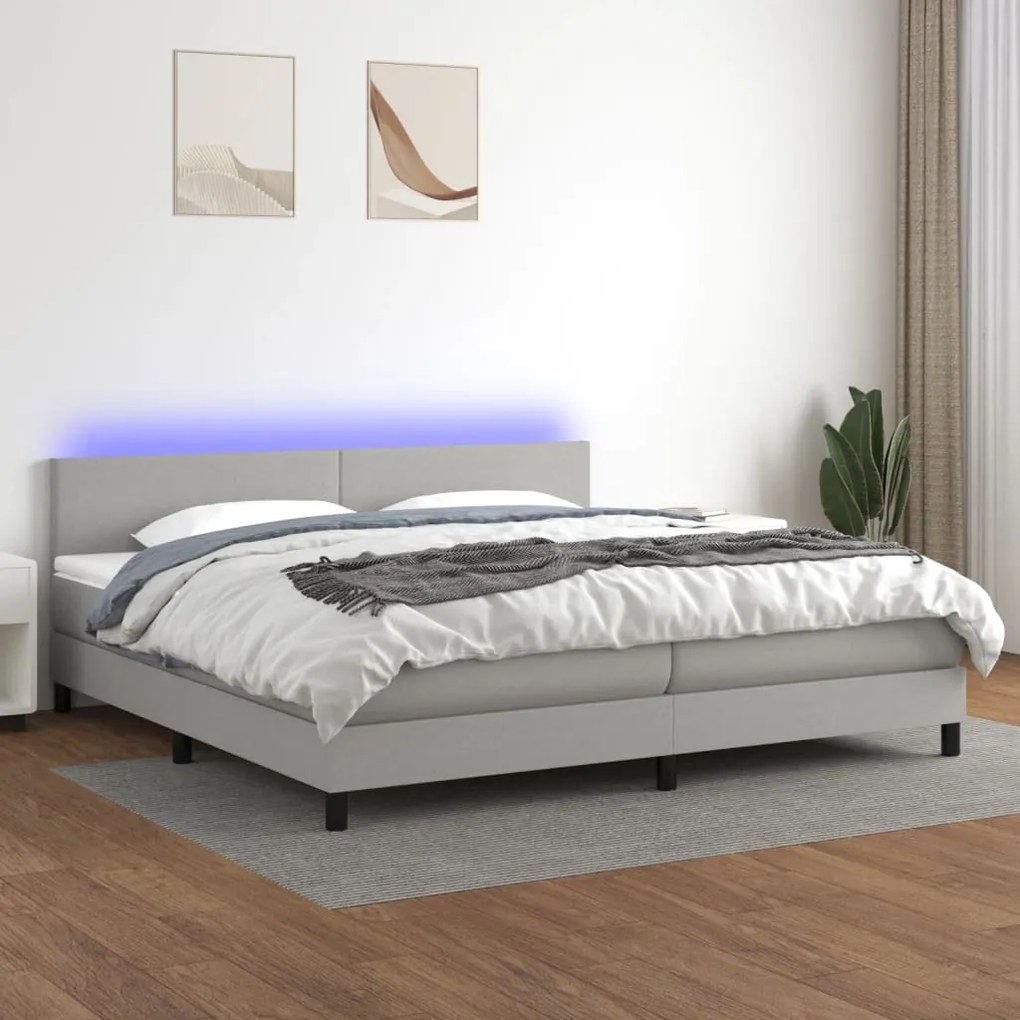 Letto a molle materasso e led grigio chiaro 200x200 cm tessuto