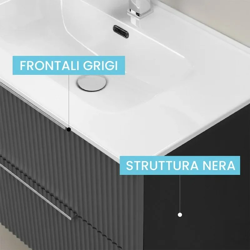 Mobile bagno sospeso 80 cm bicolore grigio cannettato e nero con lavabo e specchio tondo Zena