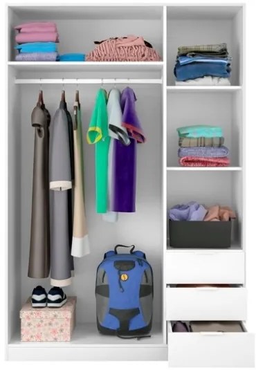 Armadio Guardaroba 3 Ante 3 Cassetti Con Barra Appendiabiti Bianco 120 Cm