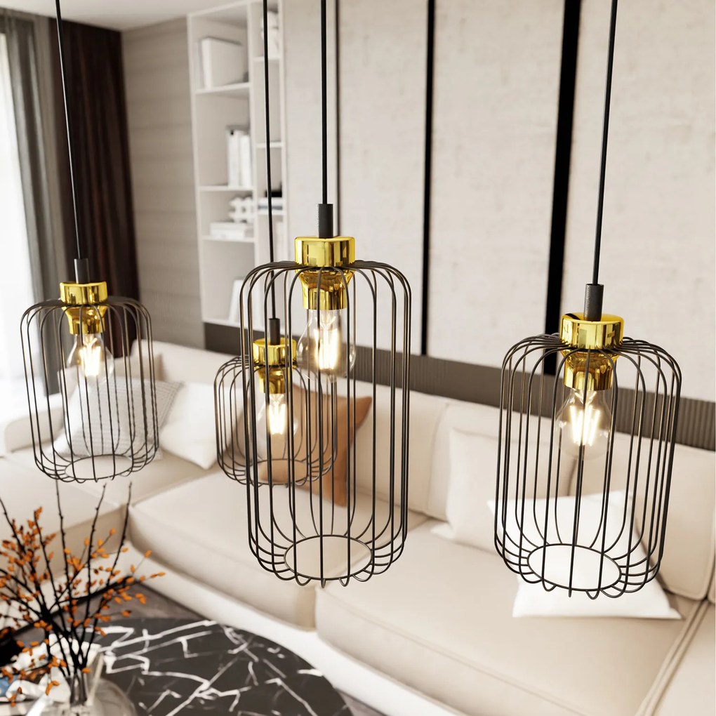 Sospensione Minimal Industrial Minerva 4 Luci Lineari Nera E Oro