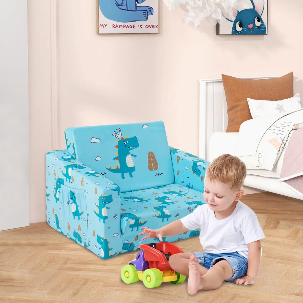 Costway Divano convertibile 2-in-1 per bambini, Divano a letto con tessuto in velluto morbido e tasche laterali pratiche Blu