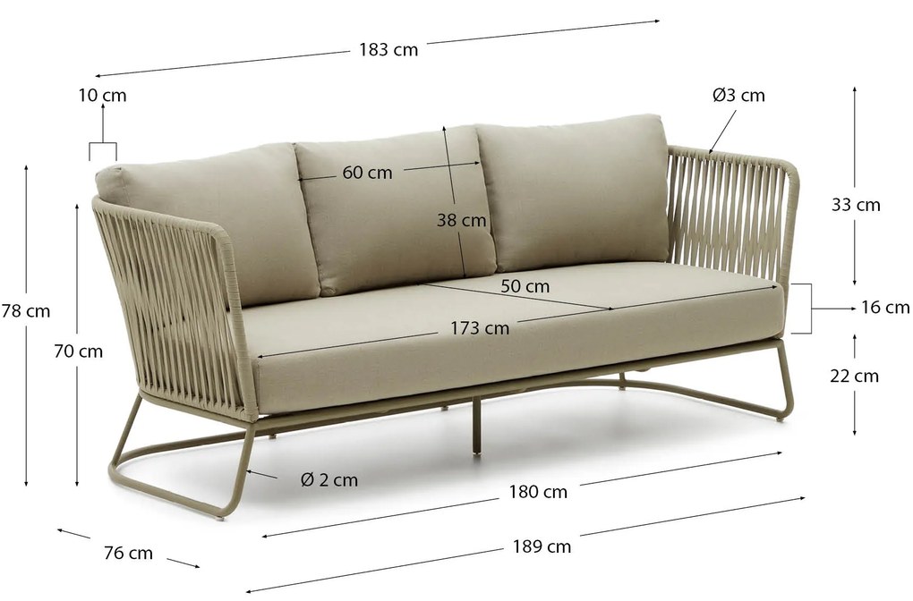 Kave Home - Divano da esterno Saconca a 3 posti in corda e acciaio zincato verde 189 cm