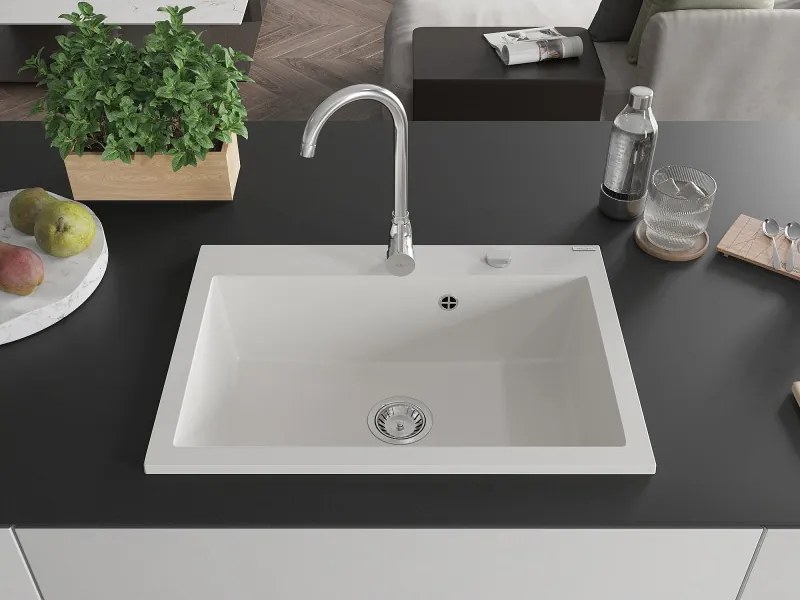 Mexen Elix lavello in granito 1-vasca 700 x 500 mm, bianco, sifone cromato - 6526701005-20