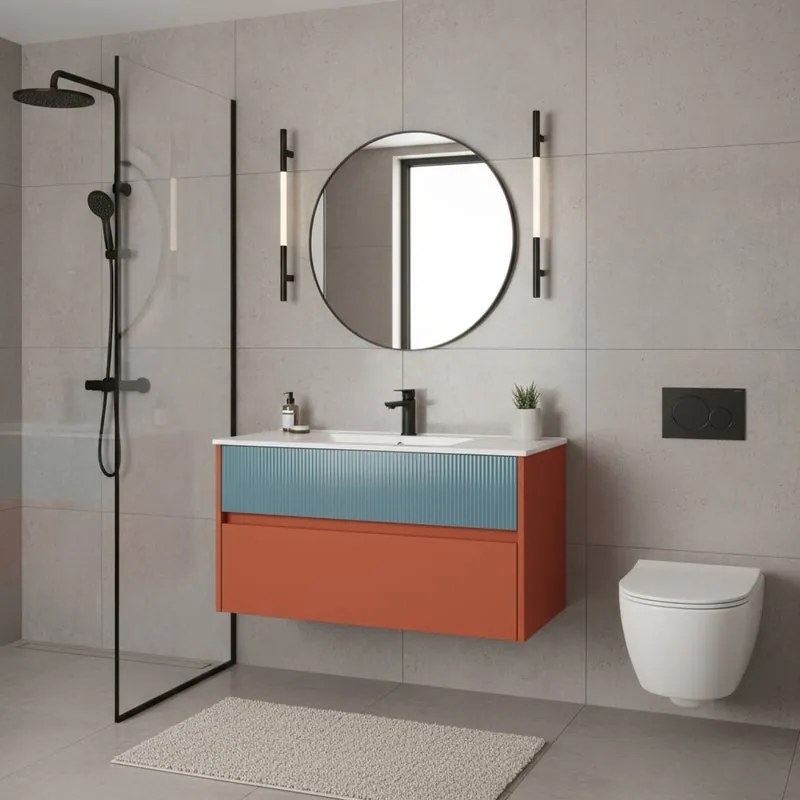 Mobile da bagno sospeso sotto lavabo Niwa 2 cassetti L 89.5 x H 50 x P 45.5 cm paprika e blu pacifico cannettato