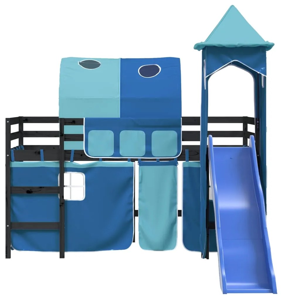 Letto a soppalco con torre bambini blu 80x200cm massello pino