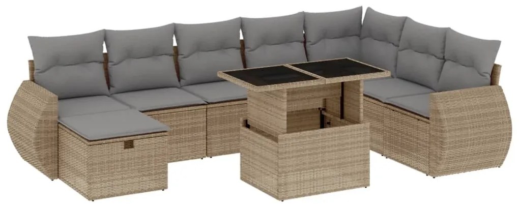 Set divano da giardino 9 pz con cuscini beige in polyrattan