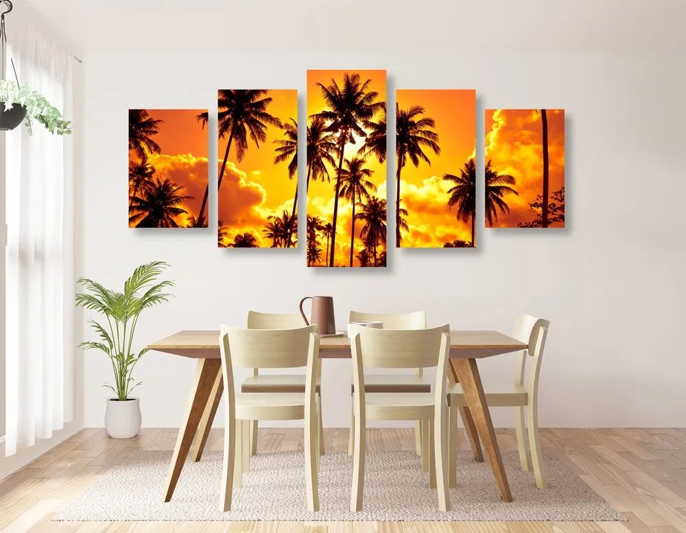 Quadri 5 pezzi – Palme da cocco sulla spiaggia