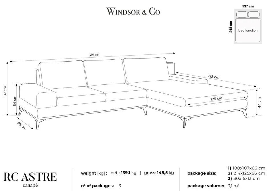 Divano letto angolare grigio con rivestimento in velluto, angolo destro Astre - Windsor &amp; Co Sofas