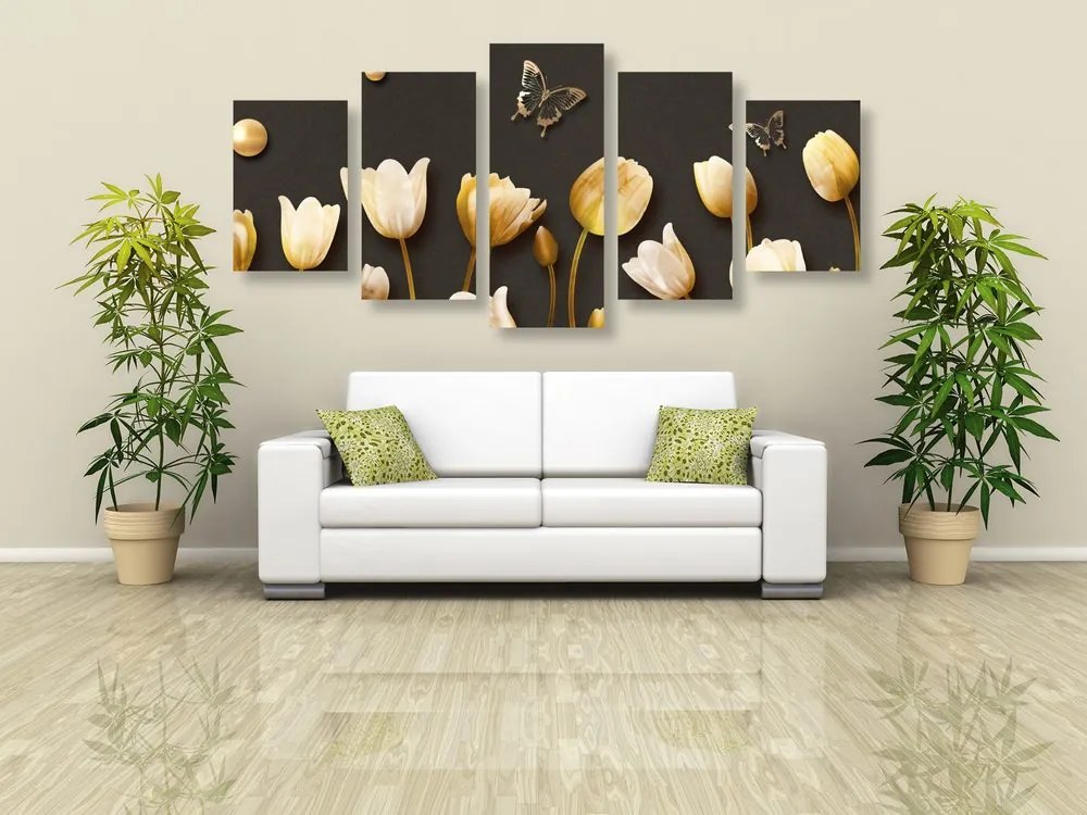 Quadri 5 pezzi – Tulipani con motivo dorato