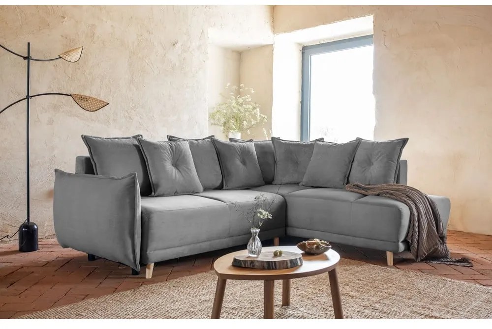 Divano letto in velluto a coste grigio (angolo destro) Lazy Lukka - Miuform
