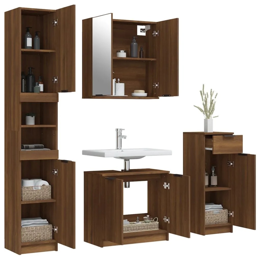 Set mobili da bagno 4 pz rovere marrone in legno multistrato