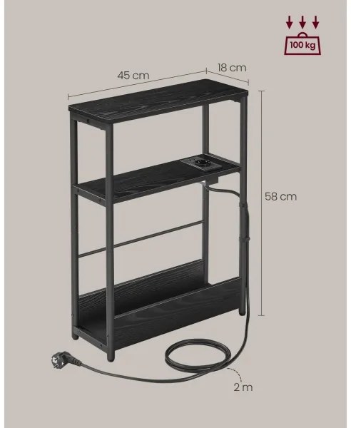 Tavolino d'appoggio ROD con presa elettrica integrata e porte USB, nero