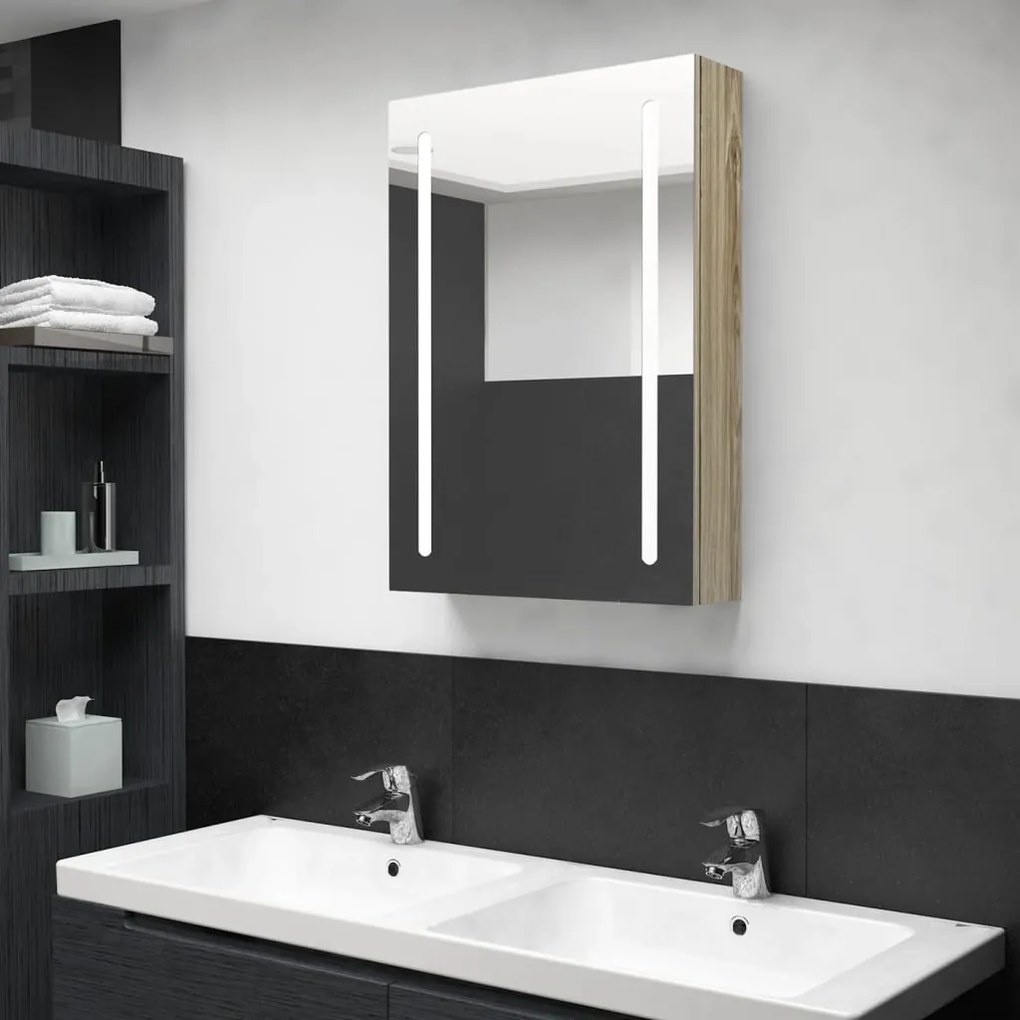 Armadietto bagno con specchio e led rovere 50x13x70 cm