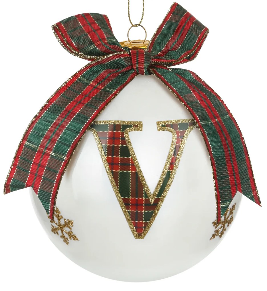 Pallina Natale lettera V tartan vetro 10 cm