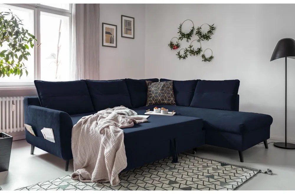 Divano letto angolare in velluto blu scuro L, angolo destro Stylish Stan - Miuform