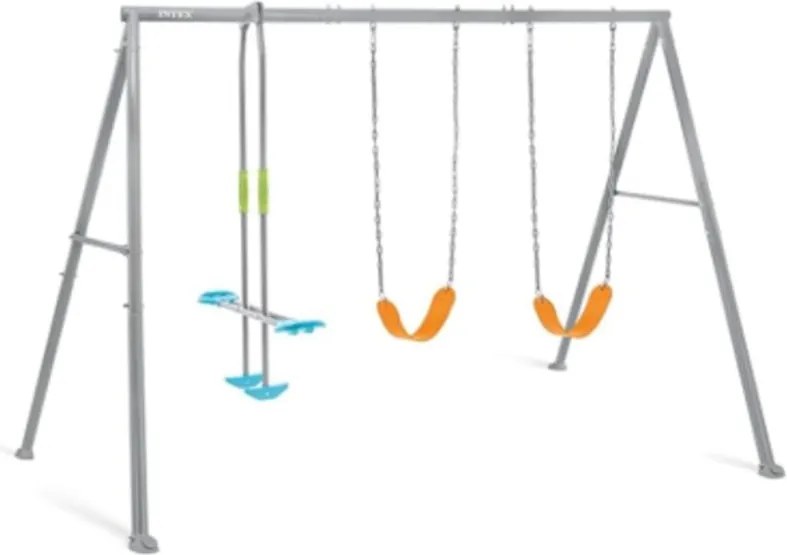 44123 altalena dondolo per bambini 3 tiri con struttura in acciaio grigia 343X254X211 cm. ideale dai 3-10 anni - Intex