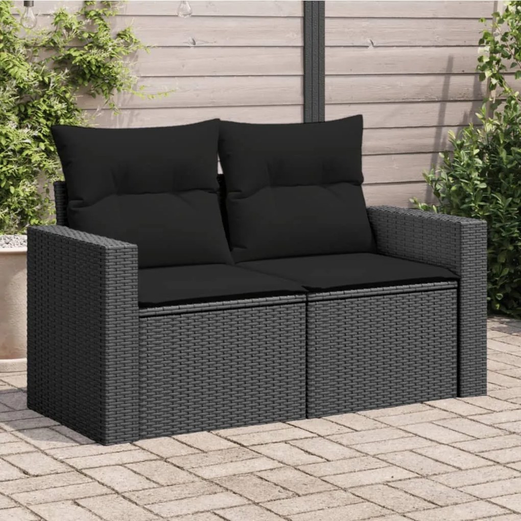 Divano da giardino con cuscini a 2 posti nero in polyrattan