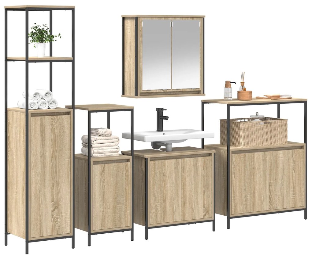 Set di mobili per bagno 5 pezzi in legno ingegnerizzato rovere sonoma