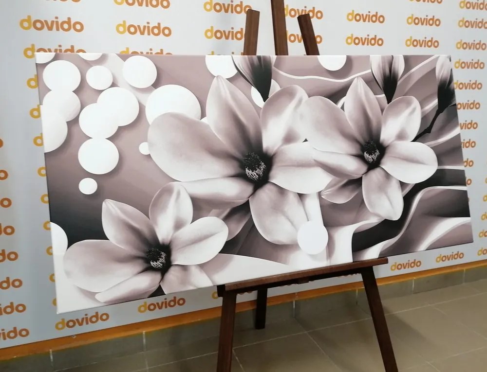 Quadro su tela – Magnolia in bianco e nero su sfondo astratto