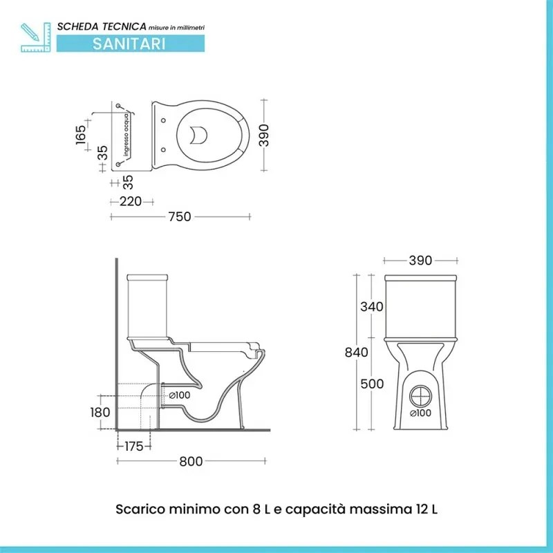 Wc per disabili monoblocco H50 cm con apertura frontale e scarico universale