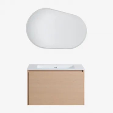 Set Mobili Da Bagno In Legno Jacob Con Lavabo Integrato Legno Naturale & Ovalado Led Y Antivaho (100x65 Cm) Meunier & Senza Rubinetto - Sklum