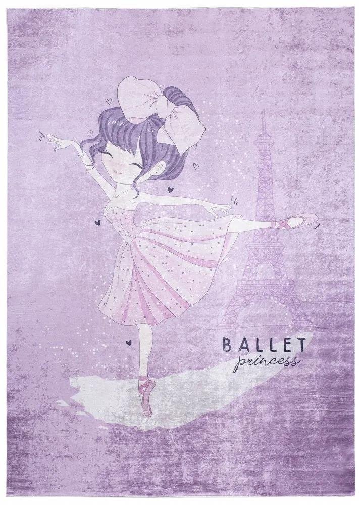 Tappeto viola per bambini con motivo di una ballerina alla Torre Eiffel Larghezza: 120 cm | Lunghezza: 170 cm