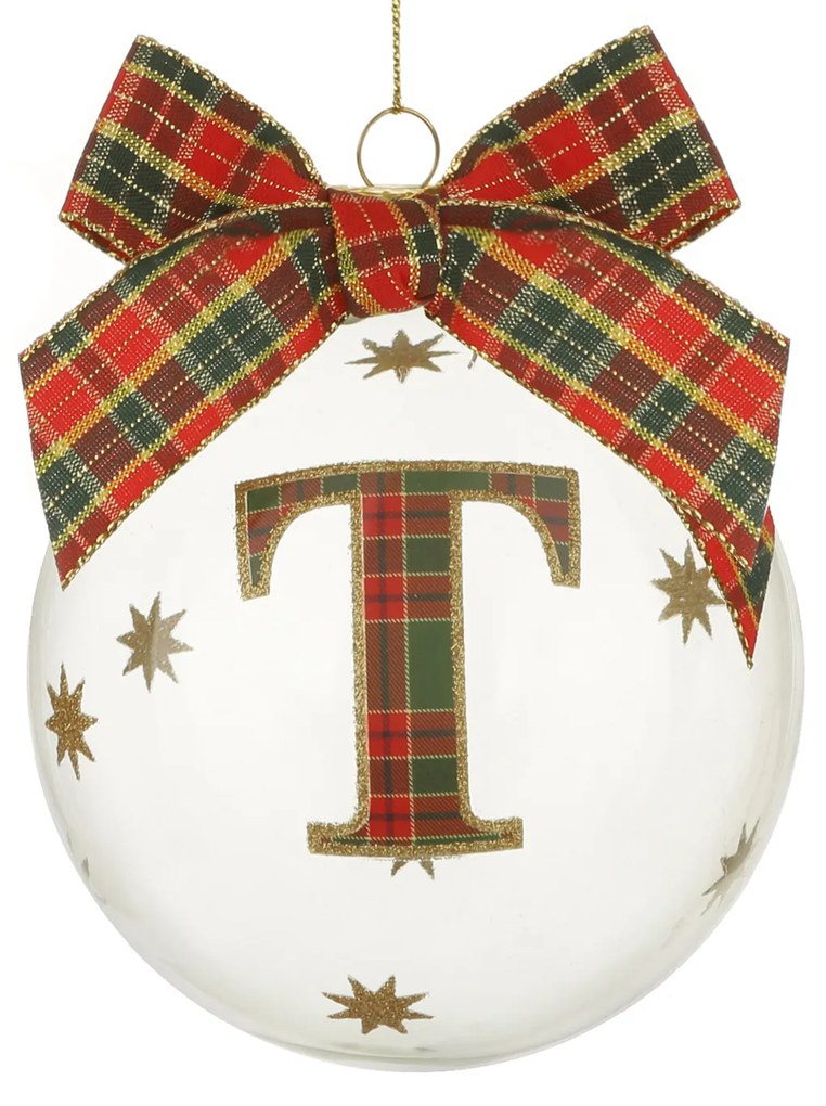 Pallina Natale con lettera T 10 cm tartan