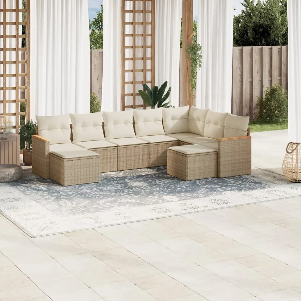 Set divano da giardino 9 pz con cuscini beige in polyrattan