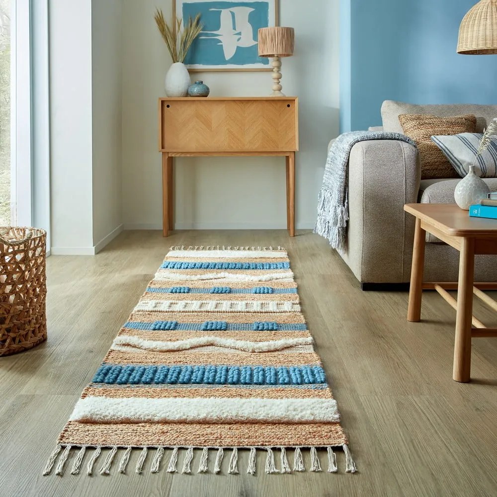 Passatoia blu/di colore naturale in misto iuta tessuta a mano 60x230 cm Medina Jute – Flair Rugs