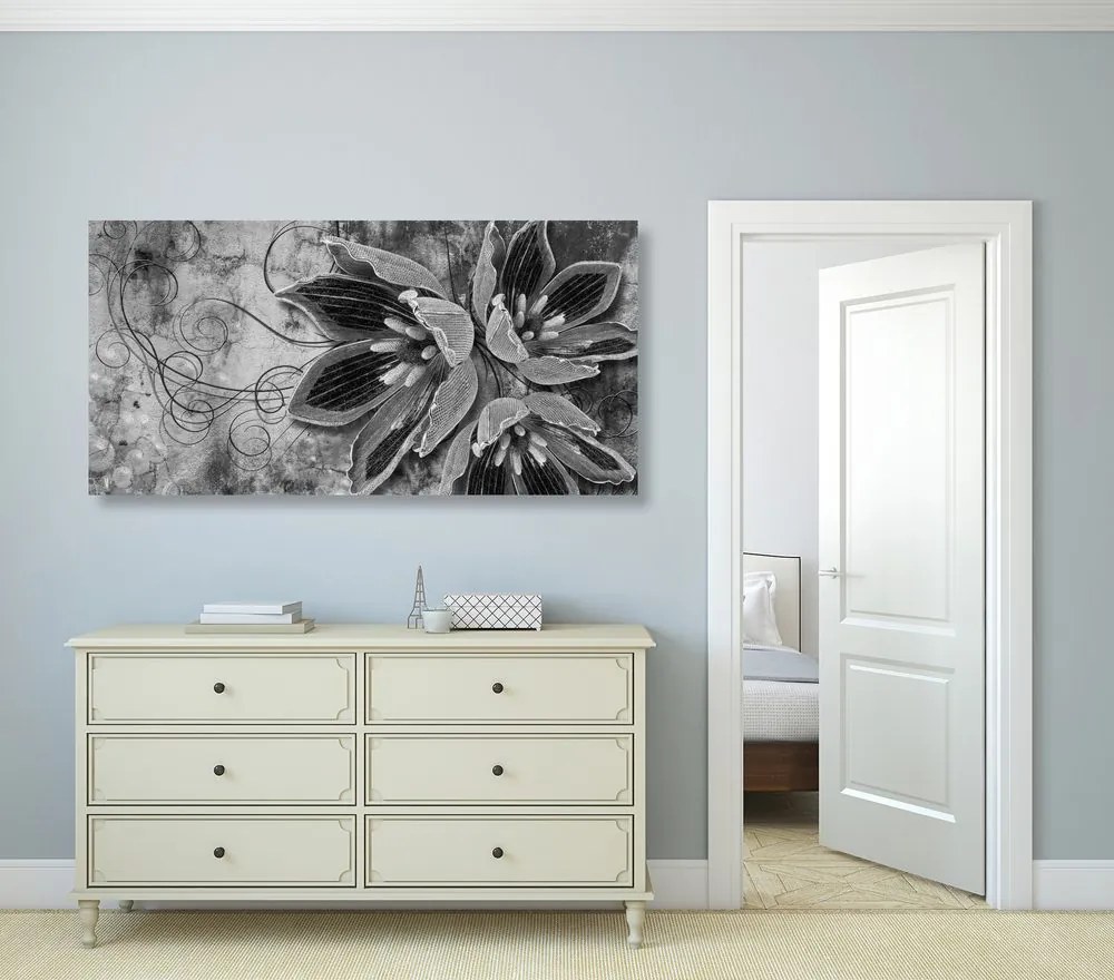 Quadro su tela – Fiori con perle in bianco e nero