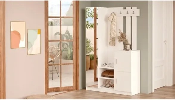 Mobile Ingresso Con Scarpiera Appendiabiti E Specchio 113x35x180 Bianco Roger