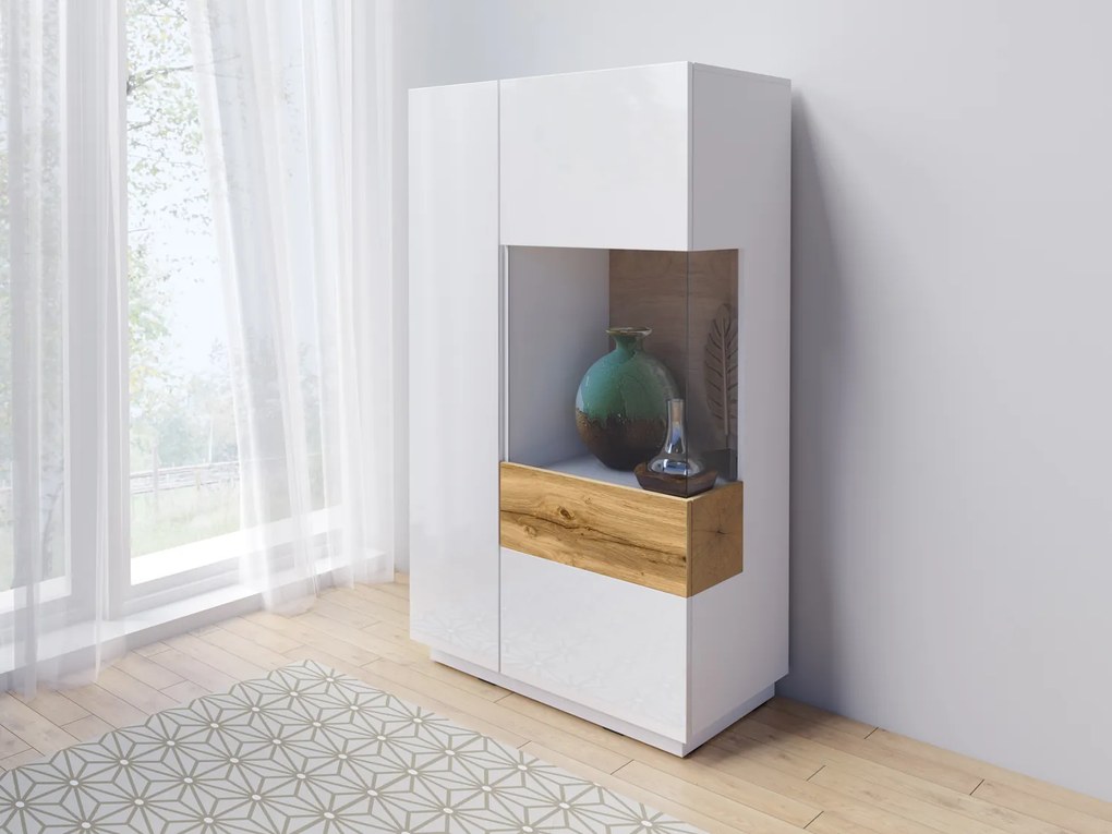 Madia alta, vetrina di design bianco lucido e rovere naturale