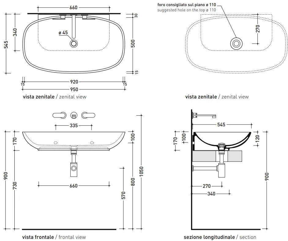 Ceramica Flaminia Nuda Lavabo cm 95 da appoggio o sospeso in ceramica bianco