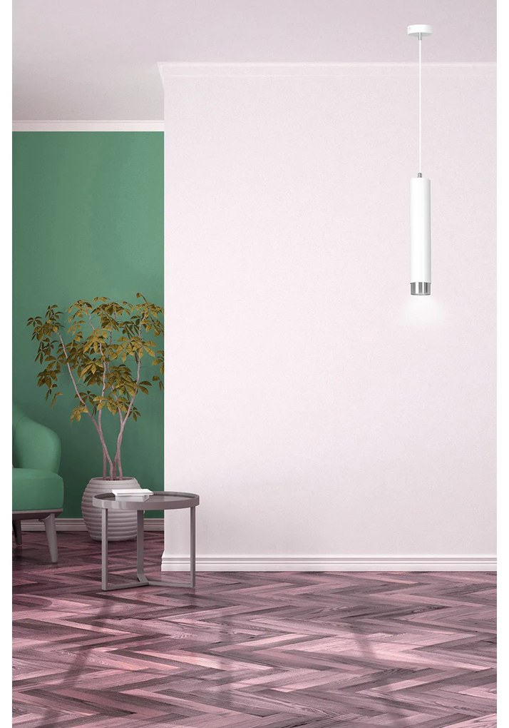 Sospensione 1 Luce Brunilde In Acciaio Bianco Con Tubolare In Bianco E Cromo